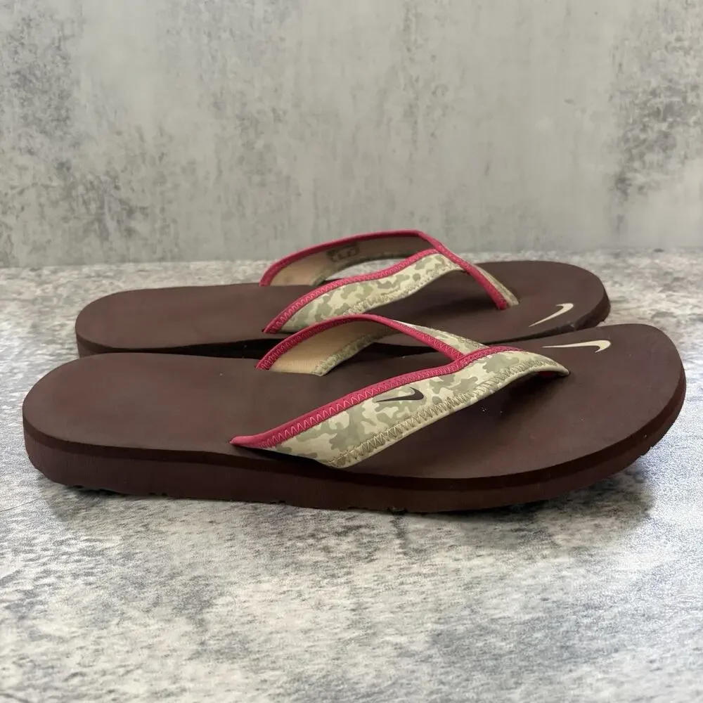 Vintage Nike Celso Thong Sandals Womens Size 10 Camo Pink Brown Y2K 314870-221